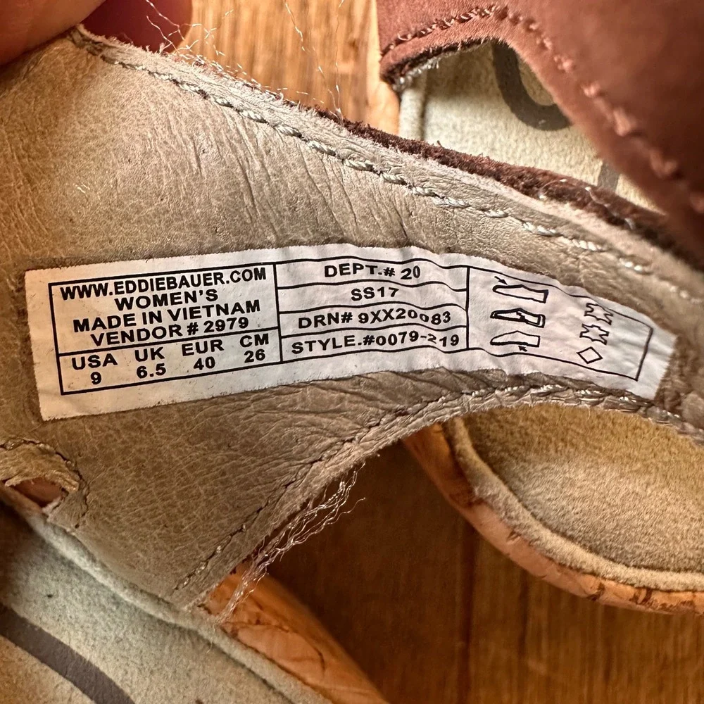 Eddie Bauer Strappy Wedge Sandals Womens 9 Leather Cork Platform Brown Casual